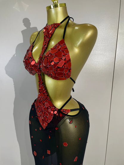 Red Mirror Bikini Mesh Skirt Set