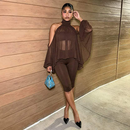 Turtleneck Sheer Chiffon Capris Set