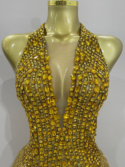 Golden Rhinestone Mesh Bodysuit