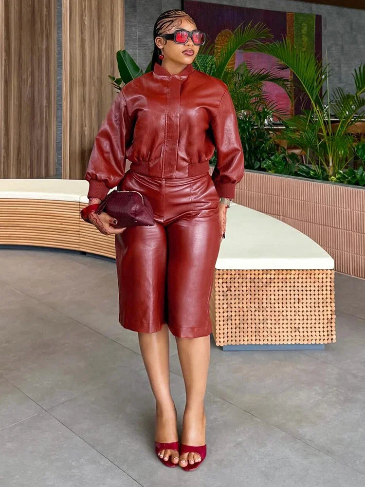 Red Leather Short Set