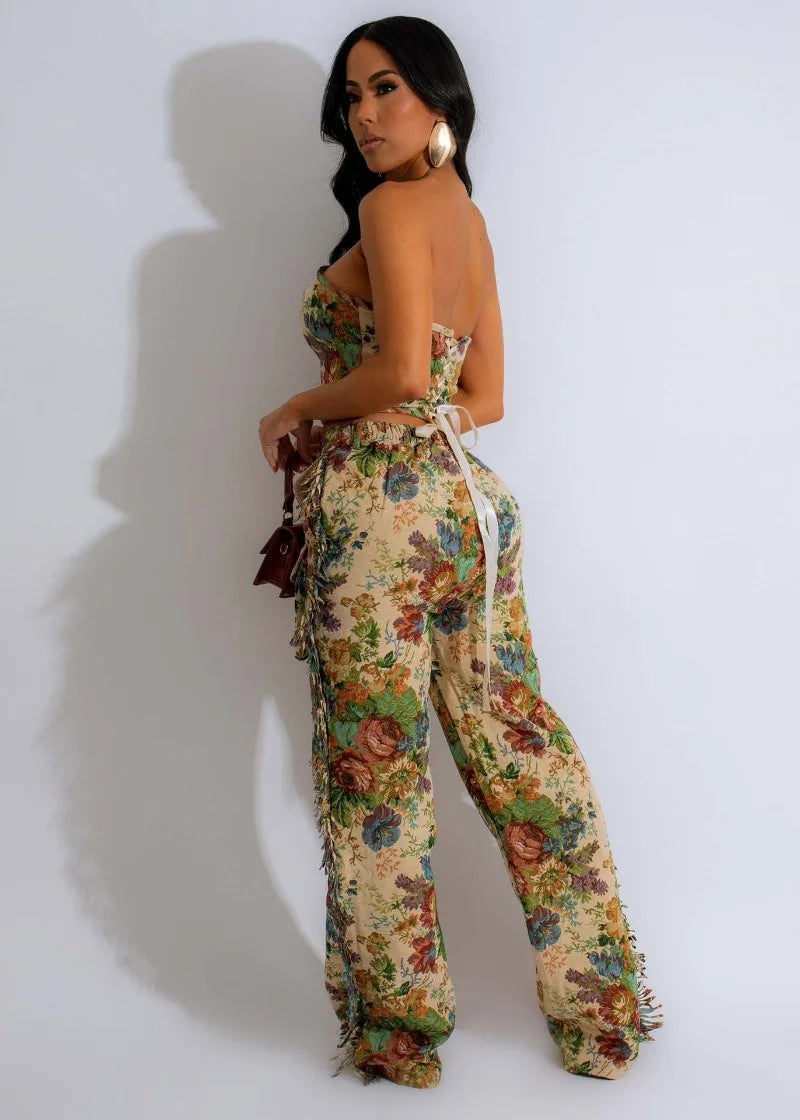 Floral Jacquard Fringed Pants Set