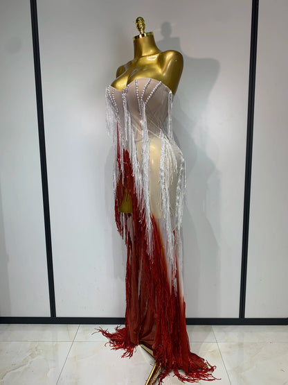Gradient Tassel Pearl Maxi Dress