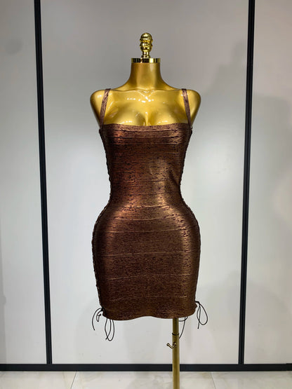 Metallic Side Lace Up Bandage Mini Dress