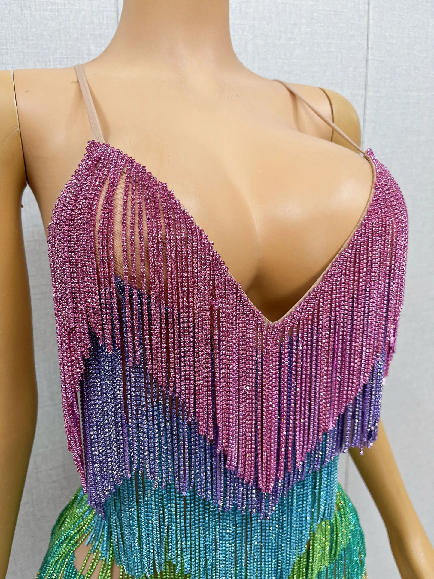 Blingbling Rainbow Tassel Fringe Mini Dress