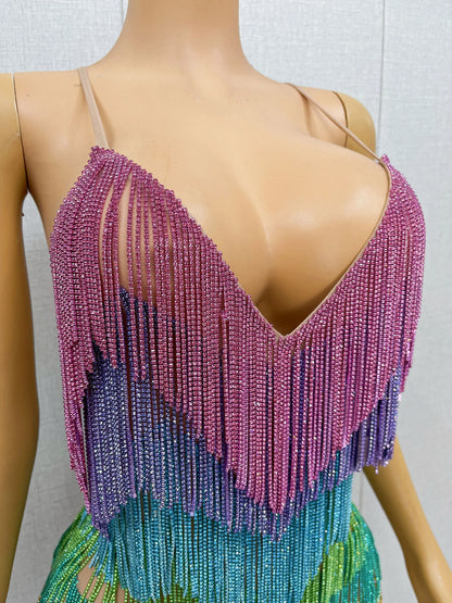 Blingbling Rainbow Tassel Fringe Mini Dress