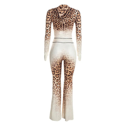 Gradient Leopard Hooded Flared Pants Set