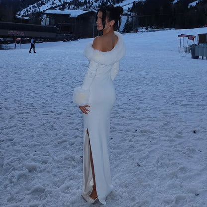 Fur Collar Off One Shoulder Bodycon Dress