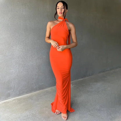 Oblique Backless Ruched Maxi Dress