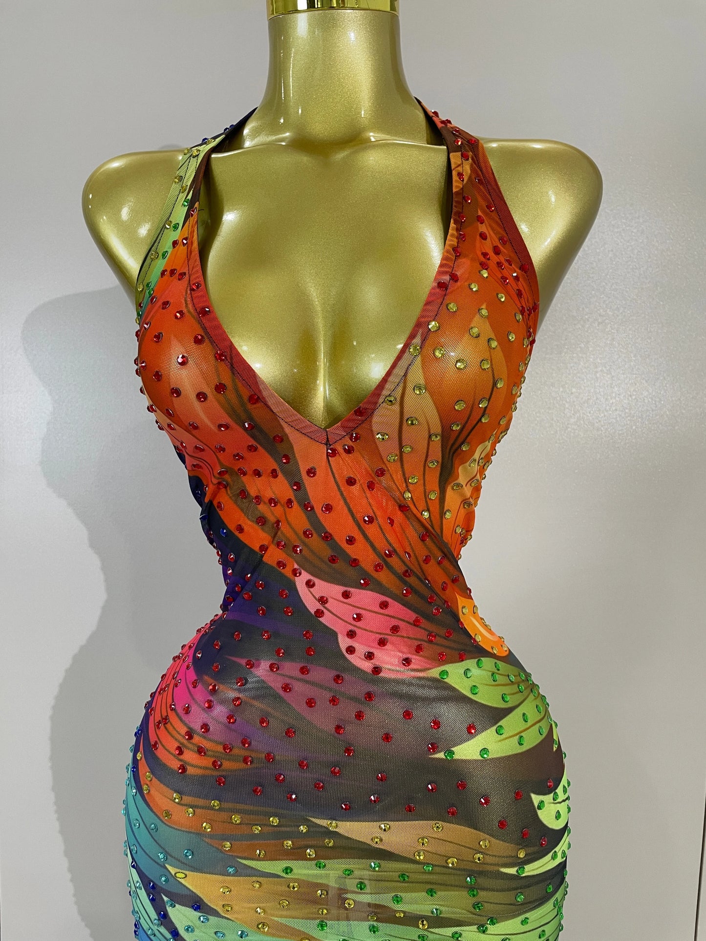 Sparkly Colorful Rhinestone Mesh Maxi Dress