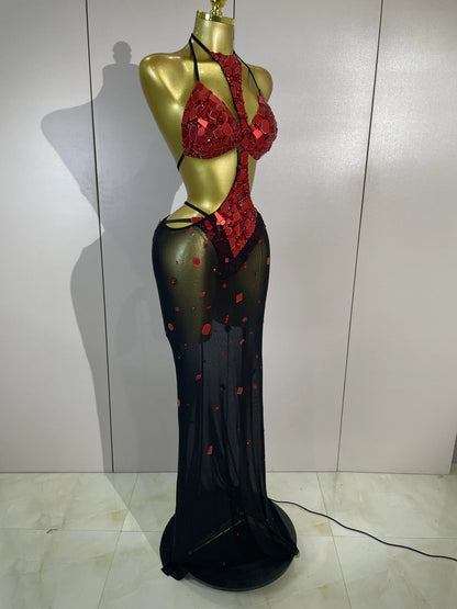 Red Mirror Bikini Mesh Skirt Set