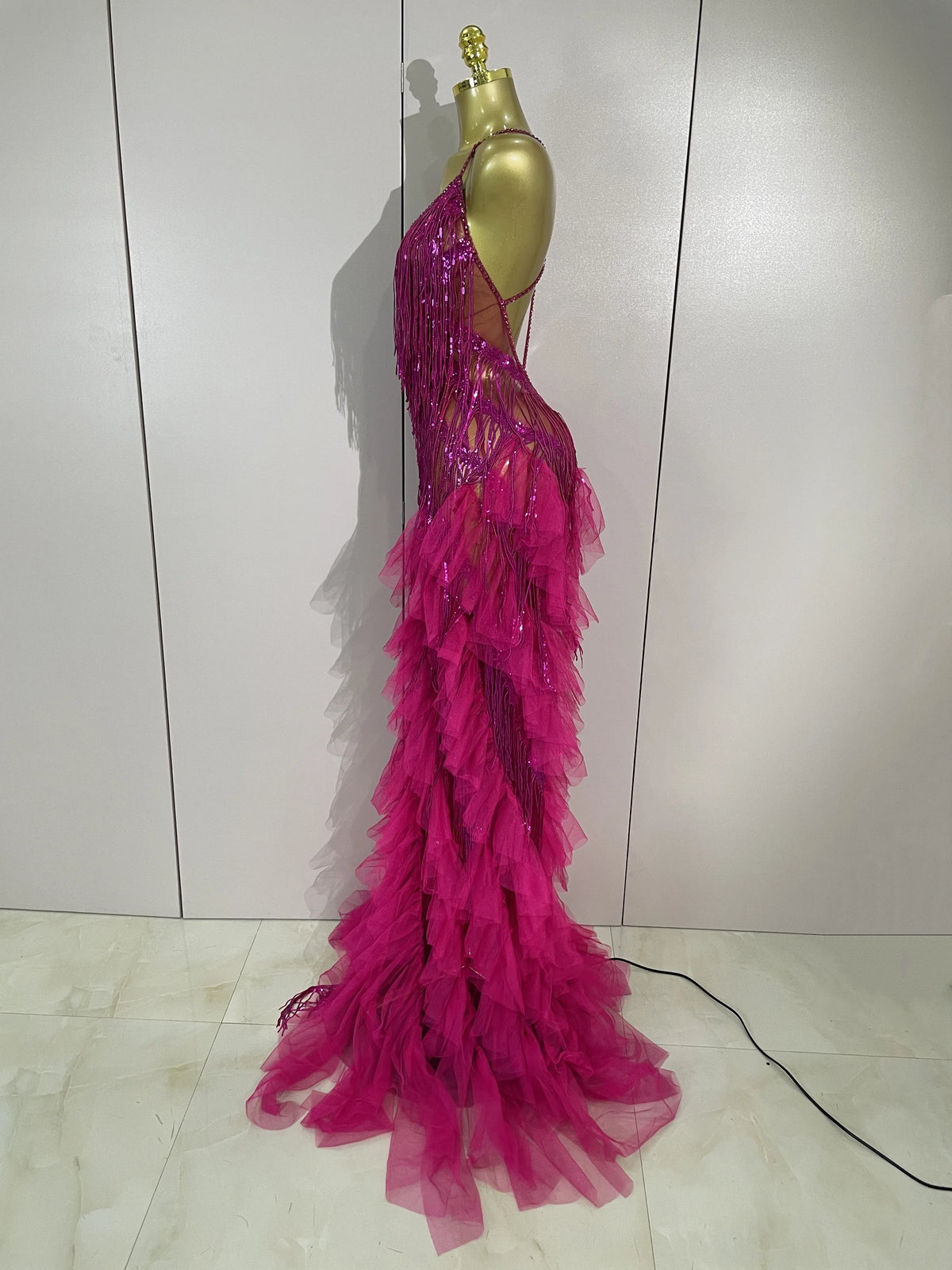Alisa Rhinestone Tassel Sheer Maxi Dress