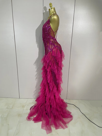 Alisa Rhinestone Tassel Sheer Maxi Dress