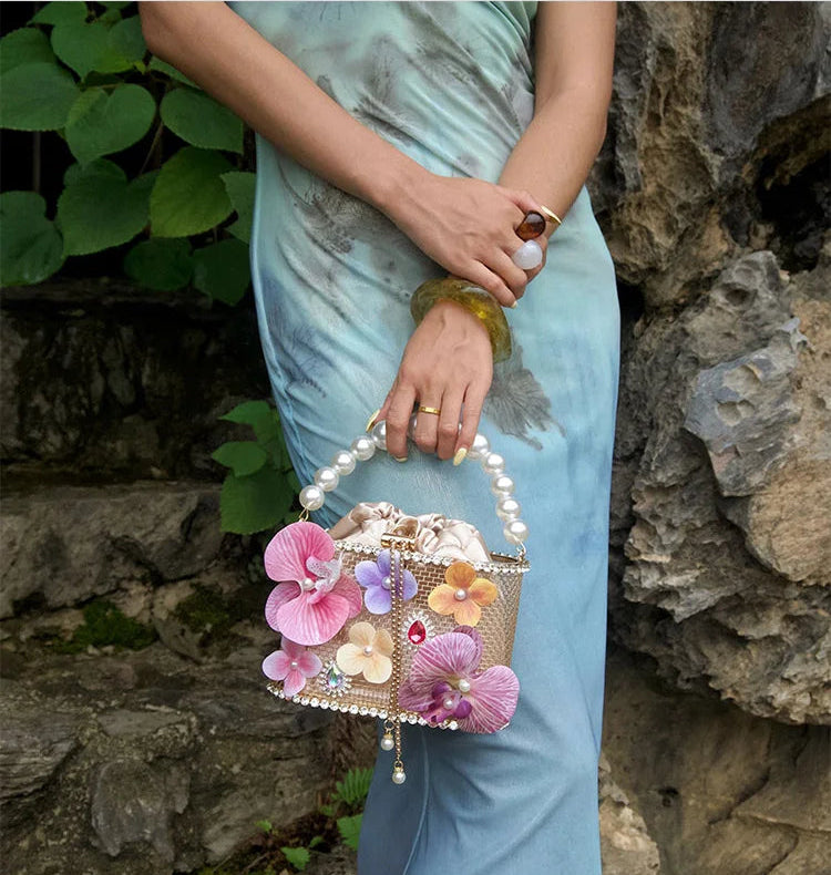 Flower Beaded Bucket Handbag