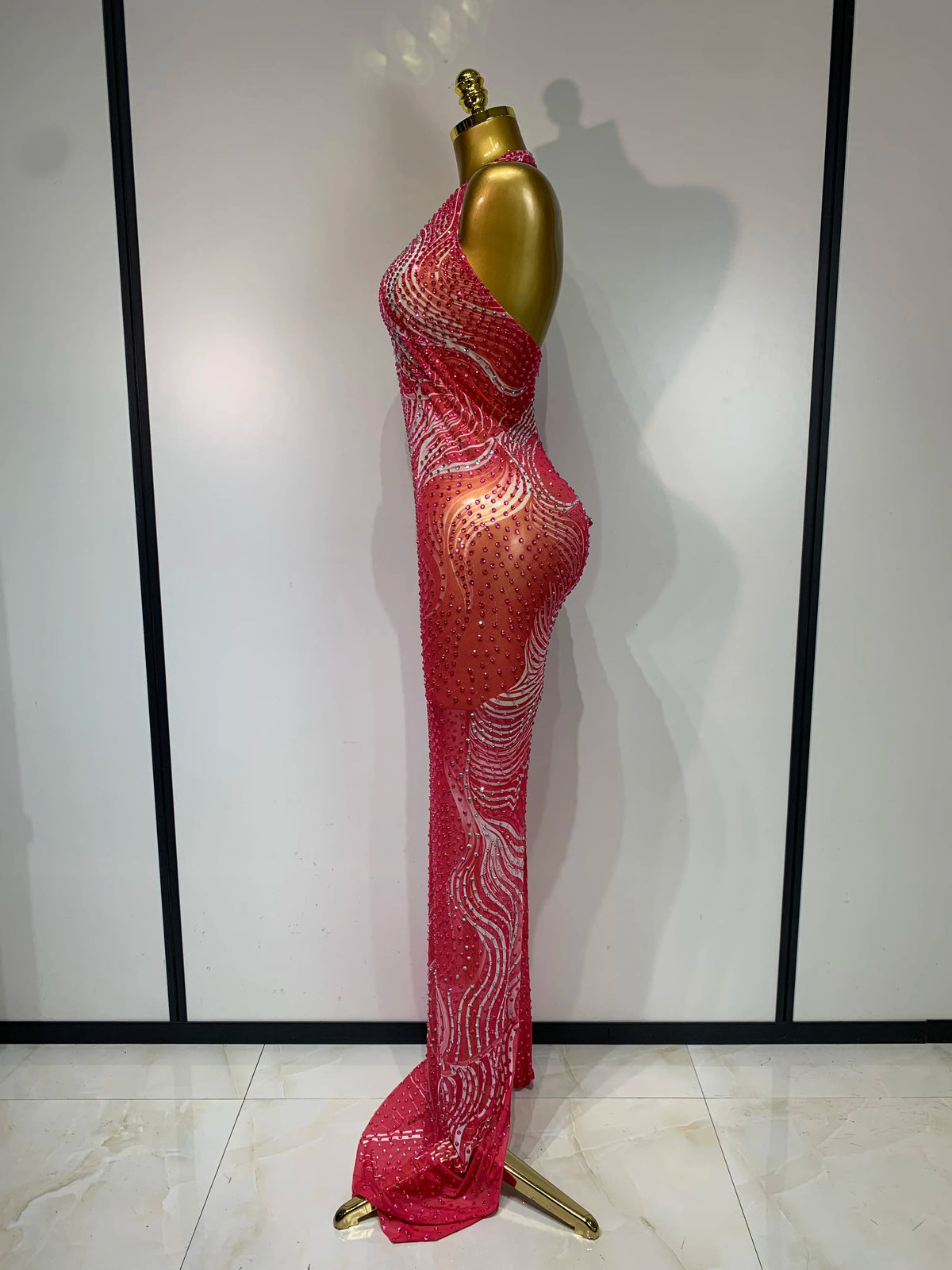 Luxe Rhinestone Mesh Maxi Dress- Peach Pink
