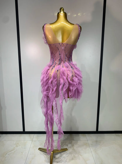 Mona Rhinestone Tassel Sheer Mini Dress