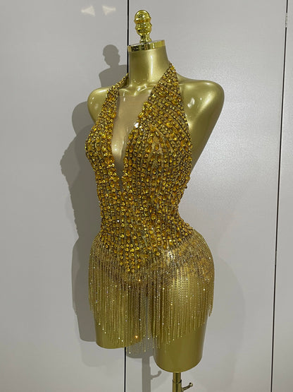 Golden Rhinestone Mesh Bodysuit