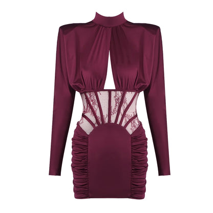Burgundy Satin Corset Ruched Dress