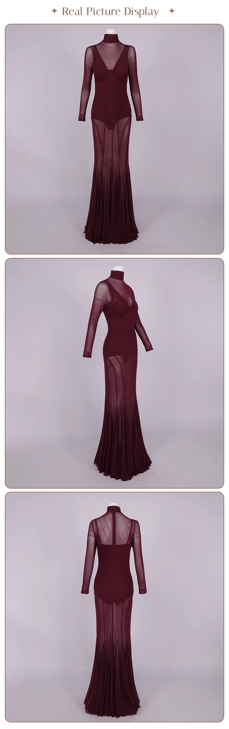 Robe moulante VC sexy en maille transparente à col roulé et manches longues, tenue de soirée transparente, coupe ajustée, tenue de club pour femme