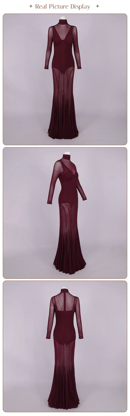 Robe moulante VC sexy en maille transparente à col roulé et manches longues, tenue de soirée transparente, coupe ajustée, tenue de club pour femme