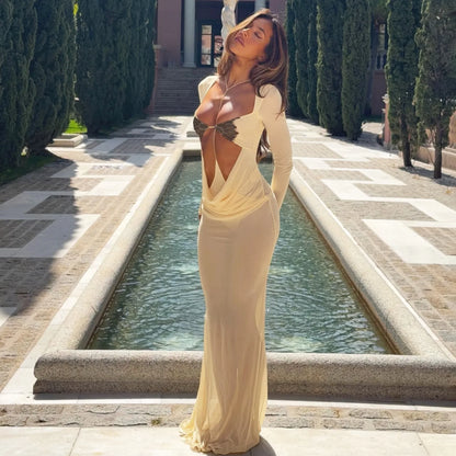 Bryana Mesh Ruched Maxi Dress