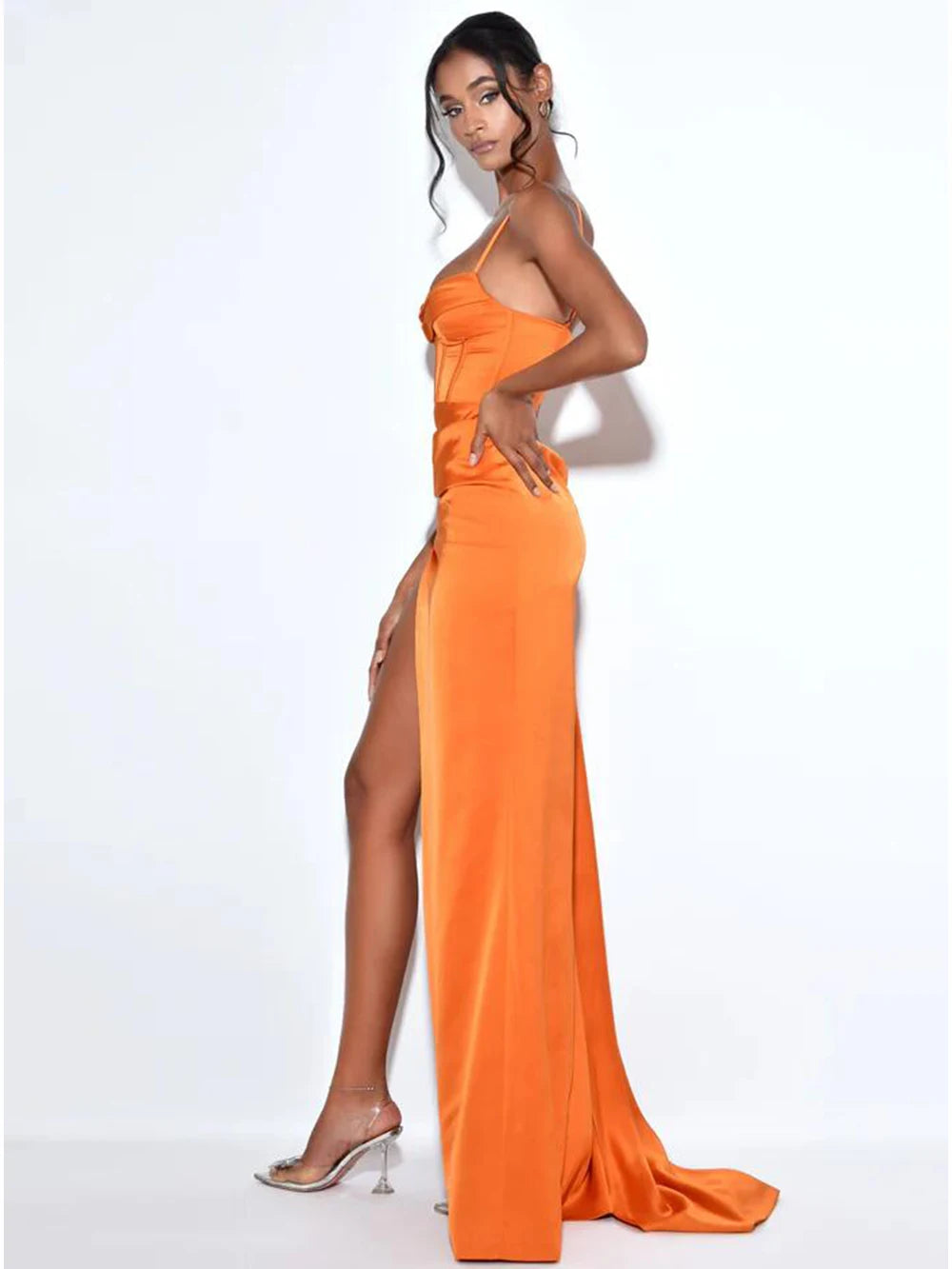 Orange Satin Maxi Dress