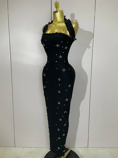 Rhinestone Pearl Bandage Midi Dress