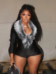 Luxe Fur Deep V-Collar Romper