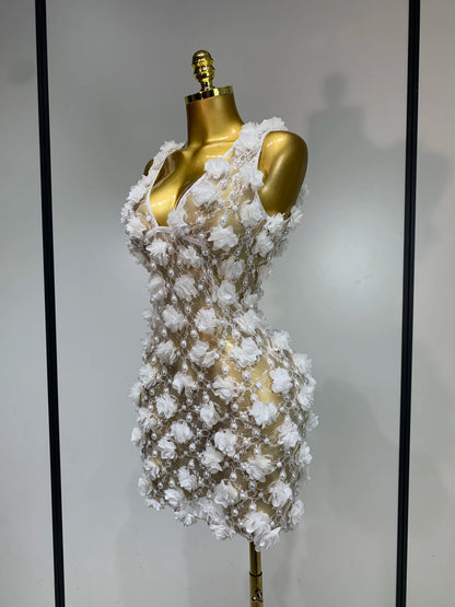 Bloom Pearls Lace Mini Dress