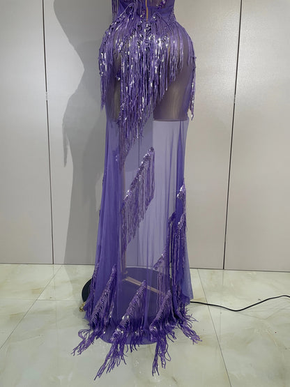 Purple Tassel Mesh Maxi Dress