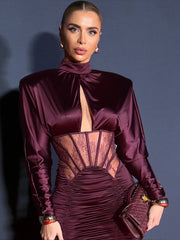 Burgundy Satin Corset Ruched Dress