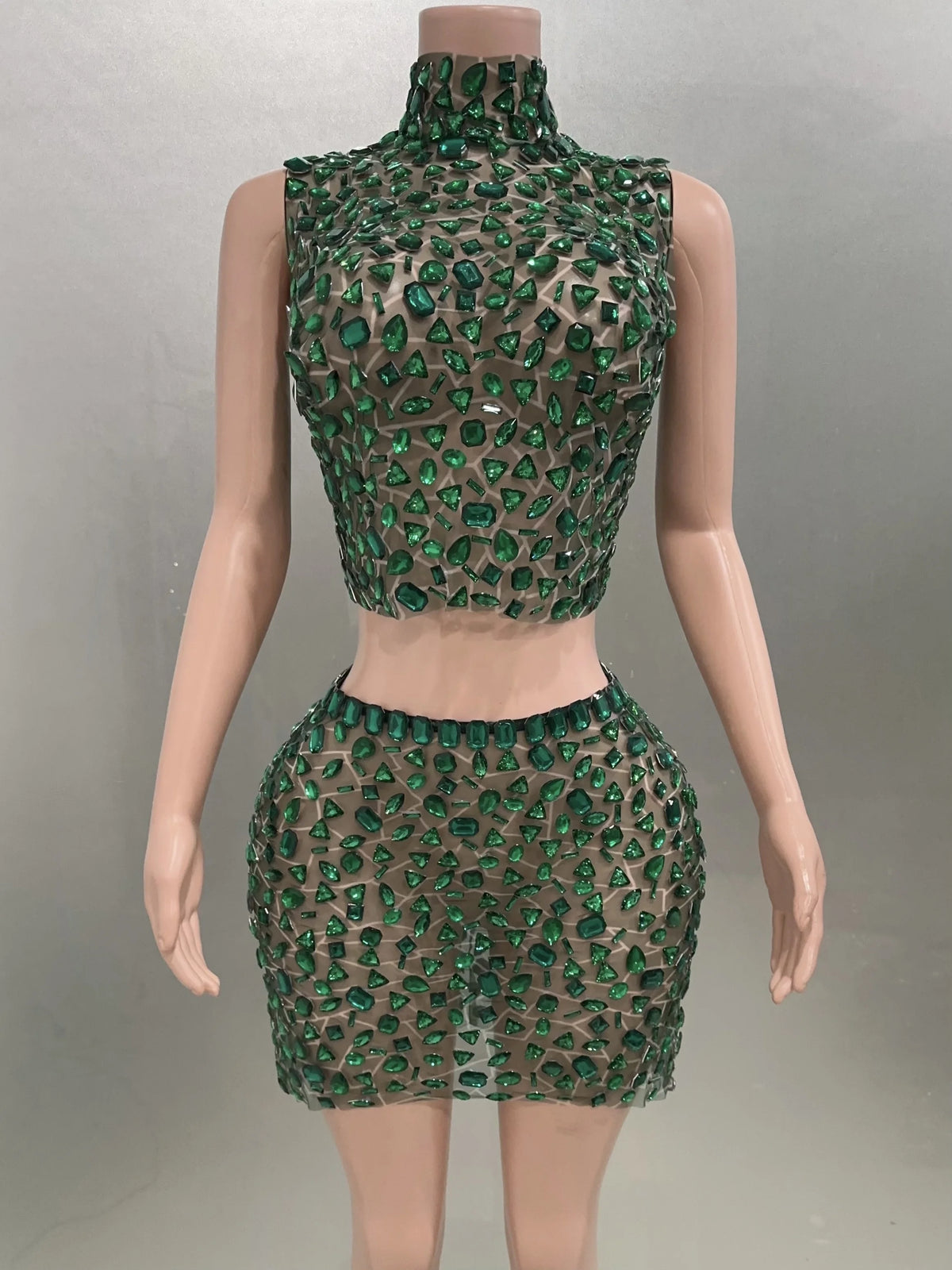 Rhinestone Green Mini Skirt Set