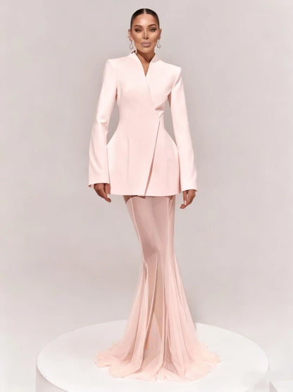 Pink Blazer Mesh Skirt Set