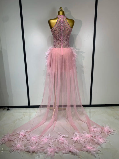Pink Feather Mesh Maxi Dress