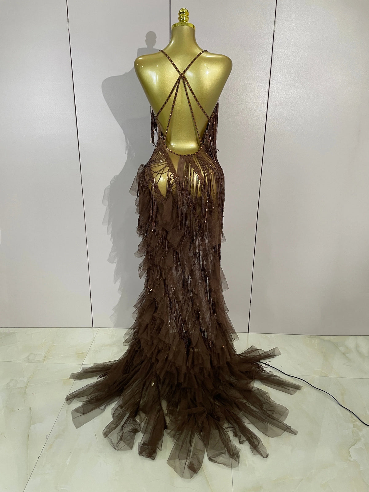Alisa Rhinestone Tassel Sheer Maxi Dress