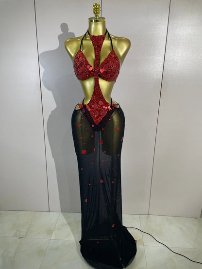 Red Mirror Bikini Mesh Skirt Set
