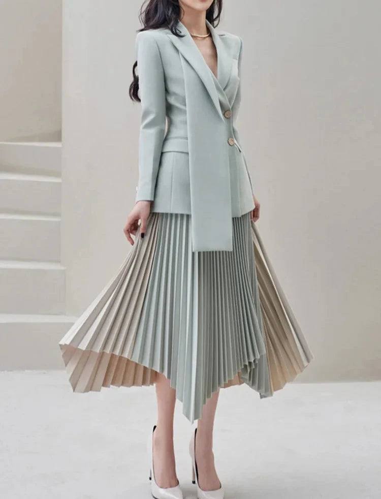 Asymmetric Contrast Pleated Blazer Skirt Set