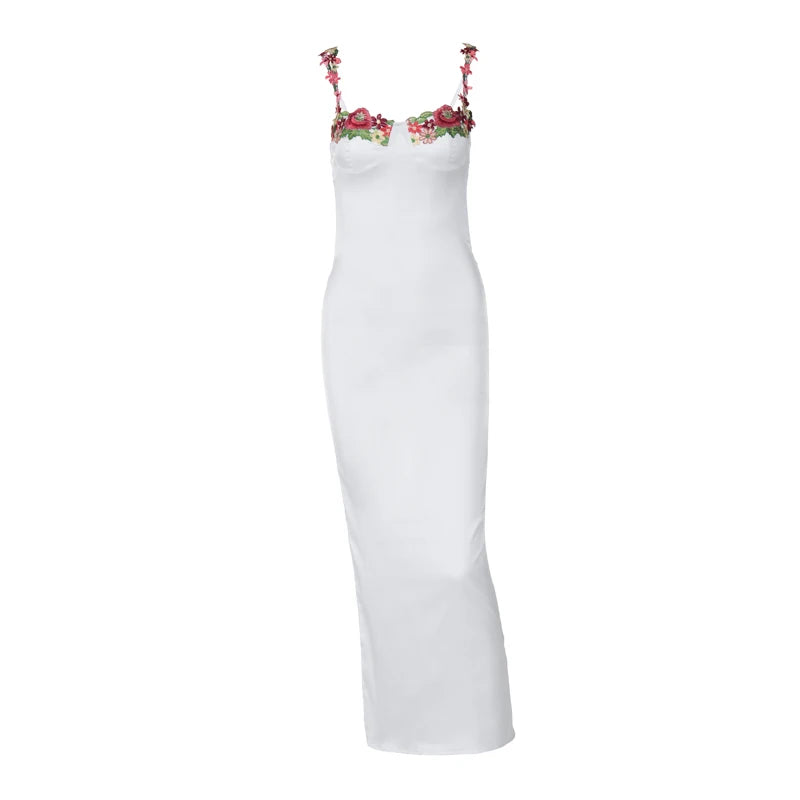 Embroidered Flower Satin Maxi Dress