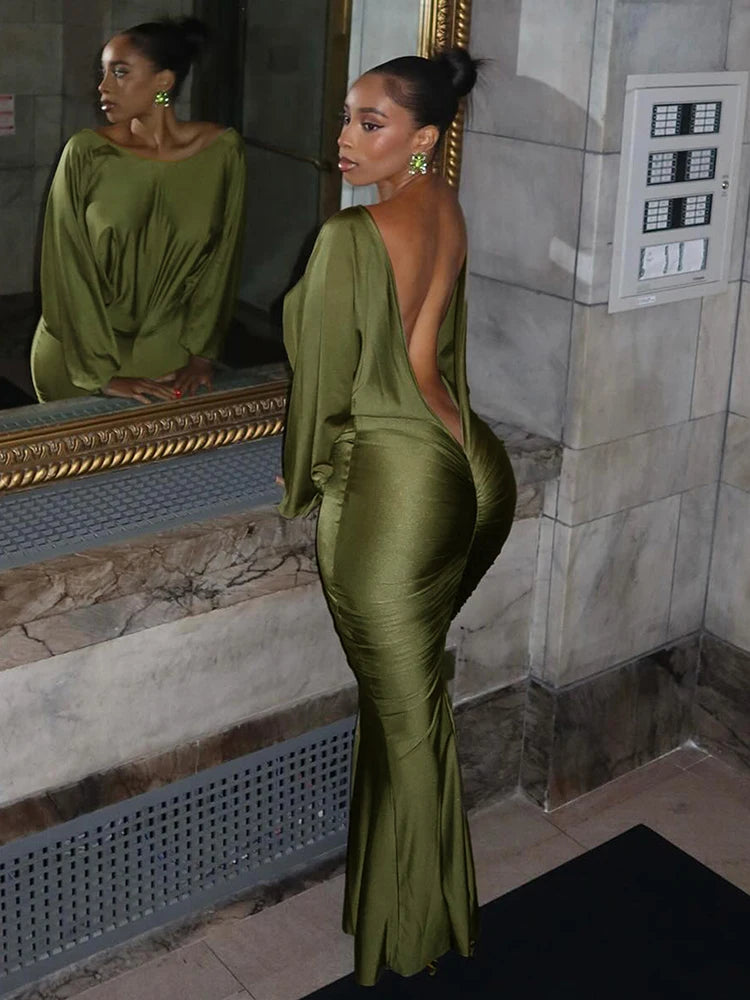 Deep-V Backless Ruched Maxi Dress