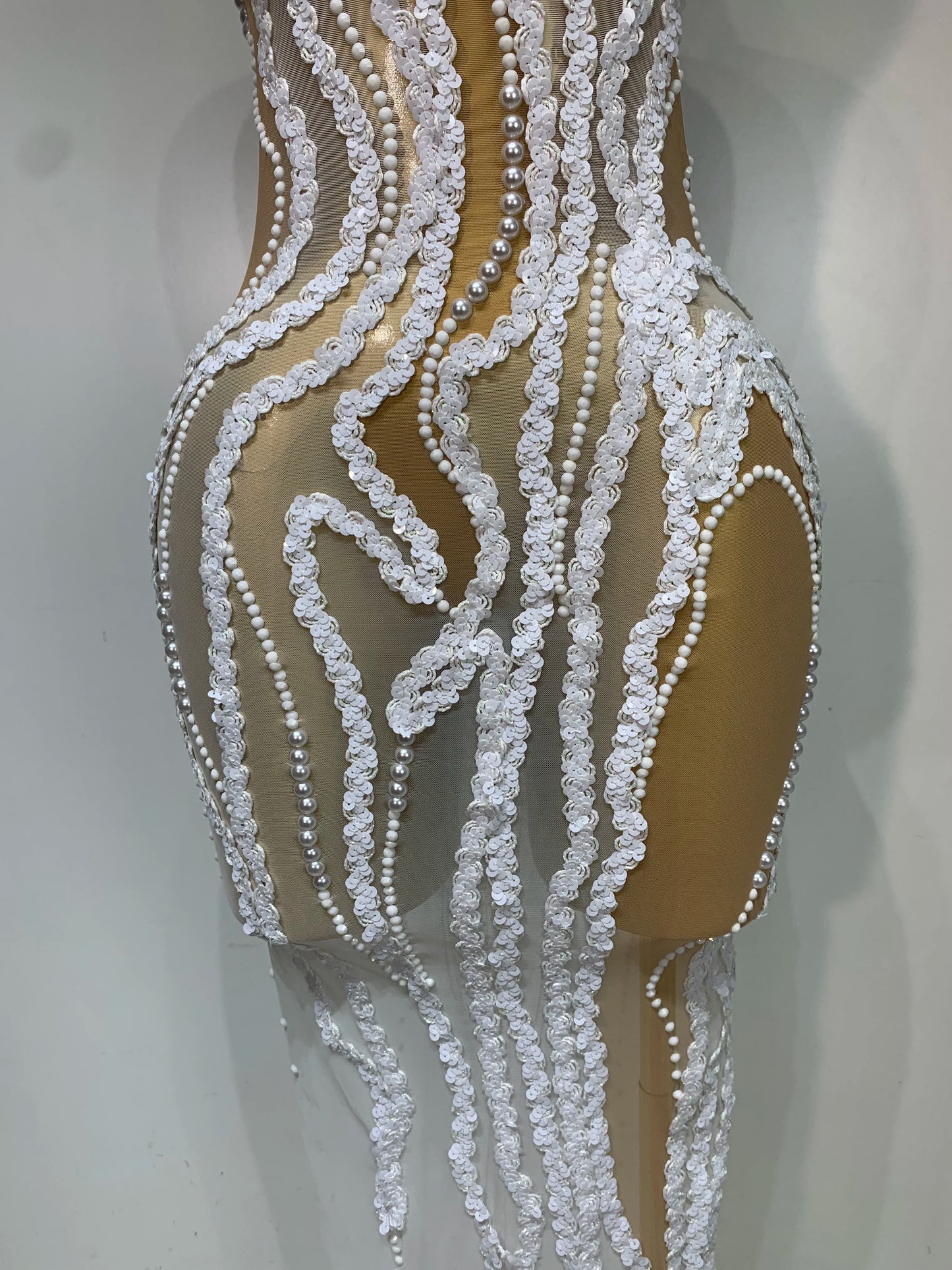 Pearl Sequined Mesh Maxi Dress