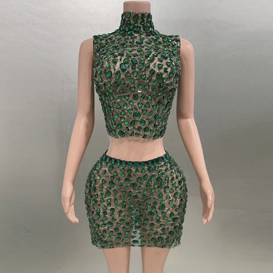 Rhinestone Green Mini Skirt Set