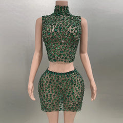 Rhinestone Green Mini Skirt Set