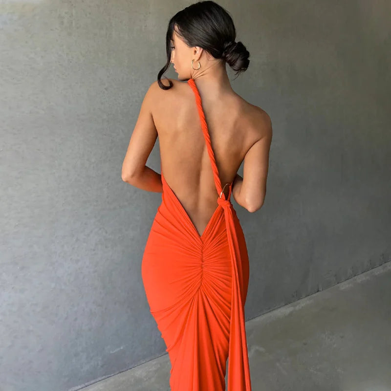 Oblique Backless Ruched Maxi Dress