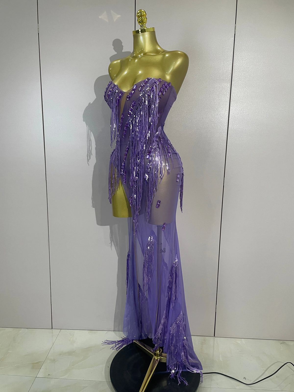 Purple Tassel Mesh Maxi Dress