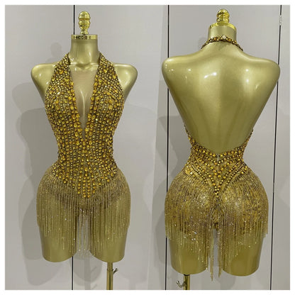 Golden Rhinestone Mesh Bodysuit