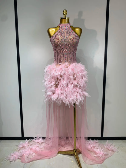 Pink Feather Mesh Maxi Dress
