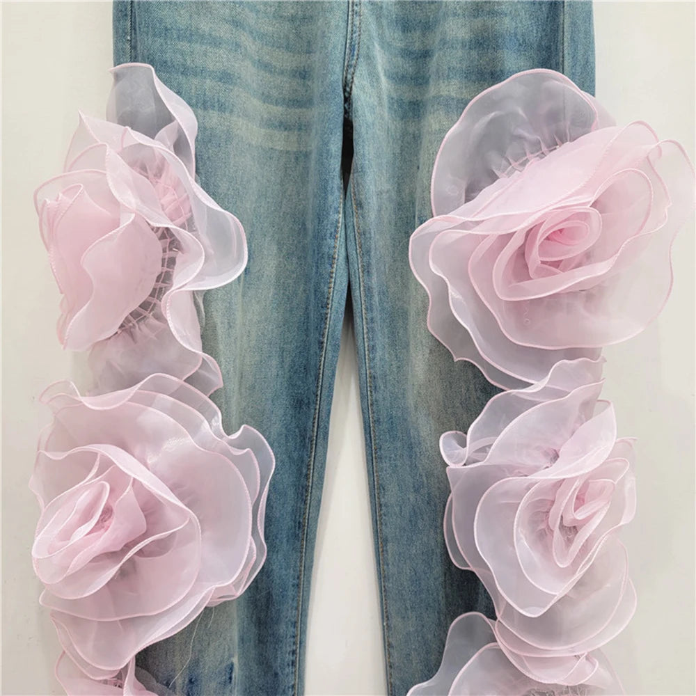 3D Flowers High Waist Jeans