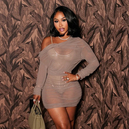 Off Shoulder Mesh Sheer Mini Dress