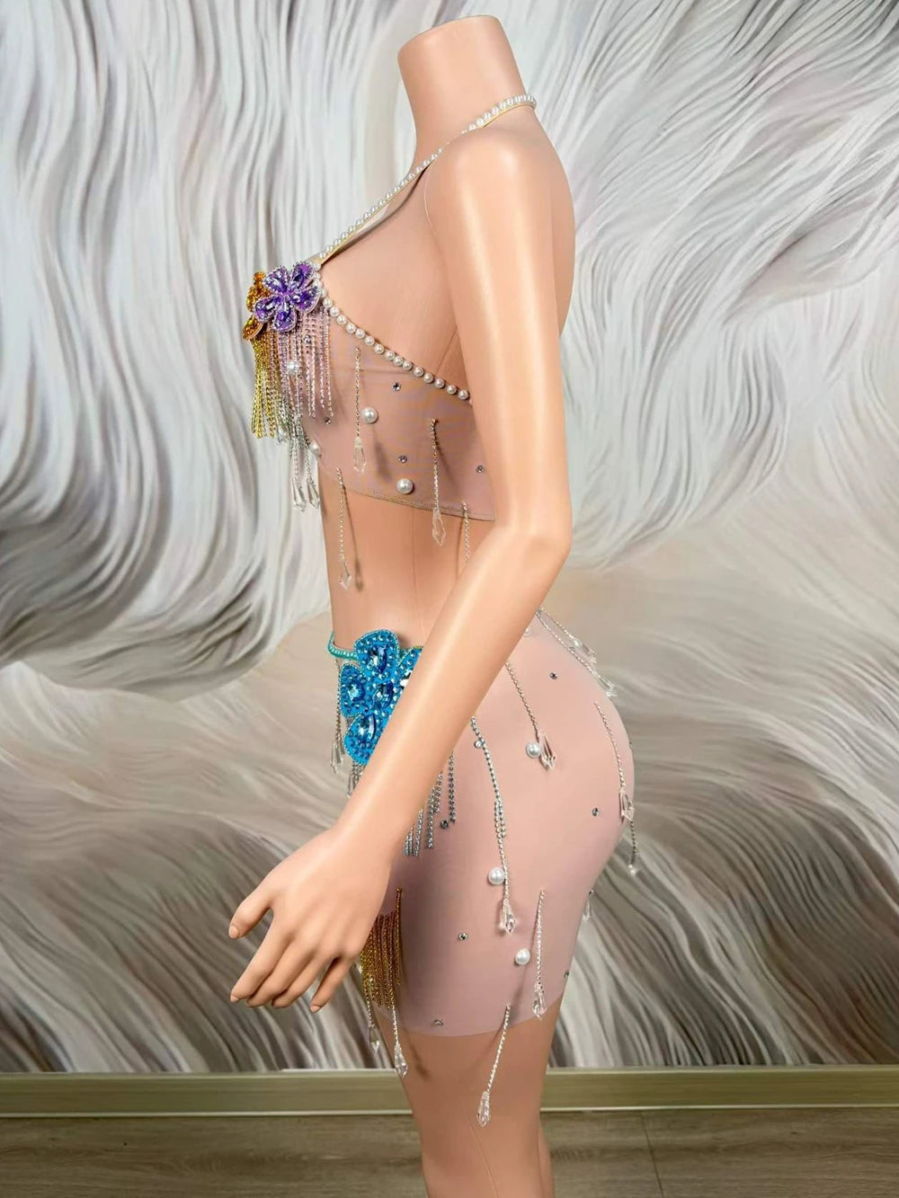 Sparkly Rhinestone Pearls Skirt Set