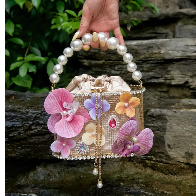Flower Beaded Bucket Handbag