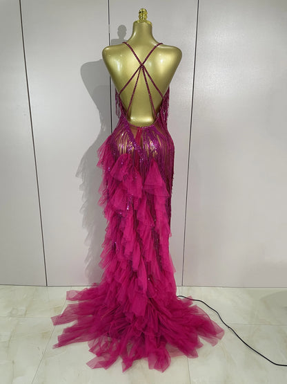 Alisa Rhinestone Tassel Sheer Maxi Dress